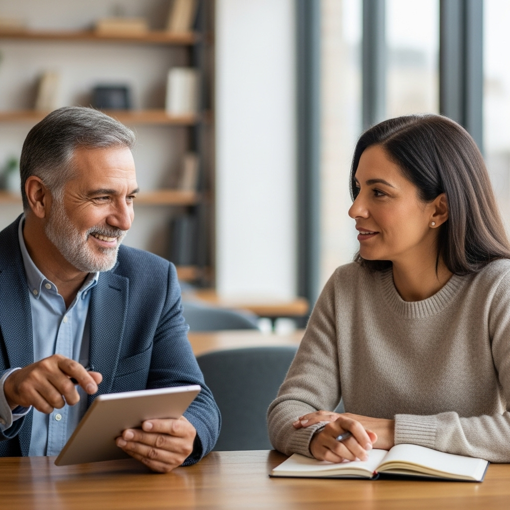A consultant and a student in conversation at a modern office table