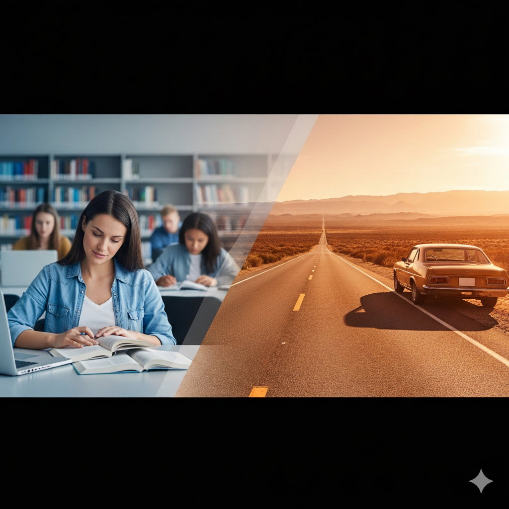 A student studying in a library alongside an open road leading toward the horizon